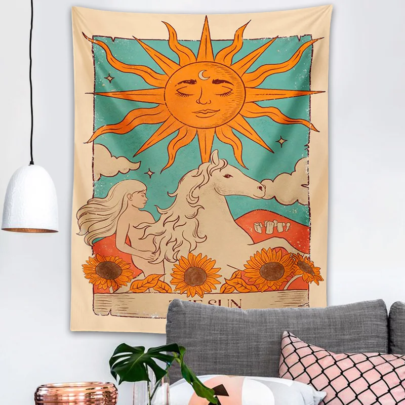 

Tarot Card Tapestry Wall Hanging Psychedelic Astrology Divination Witchcraft Room Decor Bedspread Cover Sun Moon Wall Beach Mat