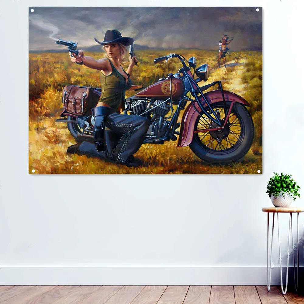 

Женский мотоциклетный наездник, баннер, настенный флаг, Cowgirl с пистолетом, плакаты и принты, гобелен, Настенный декор, картина, подарки для му...