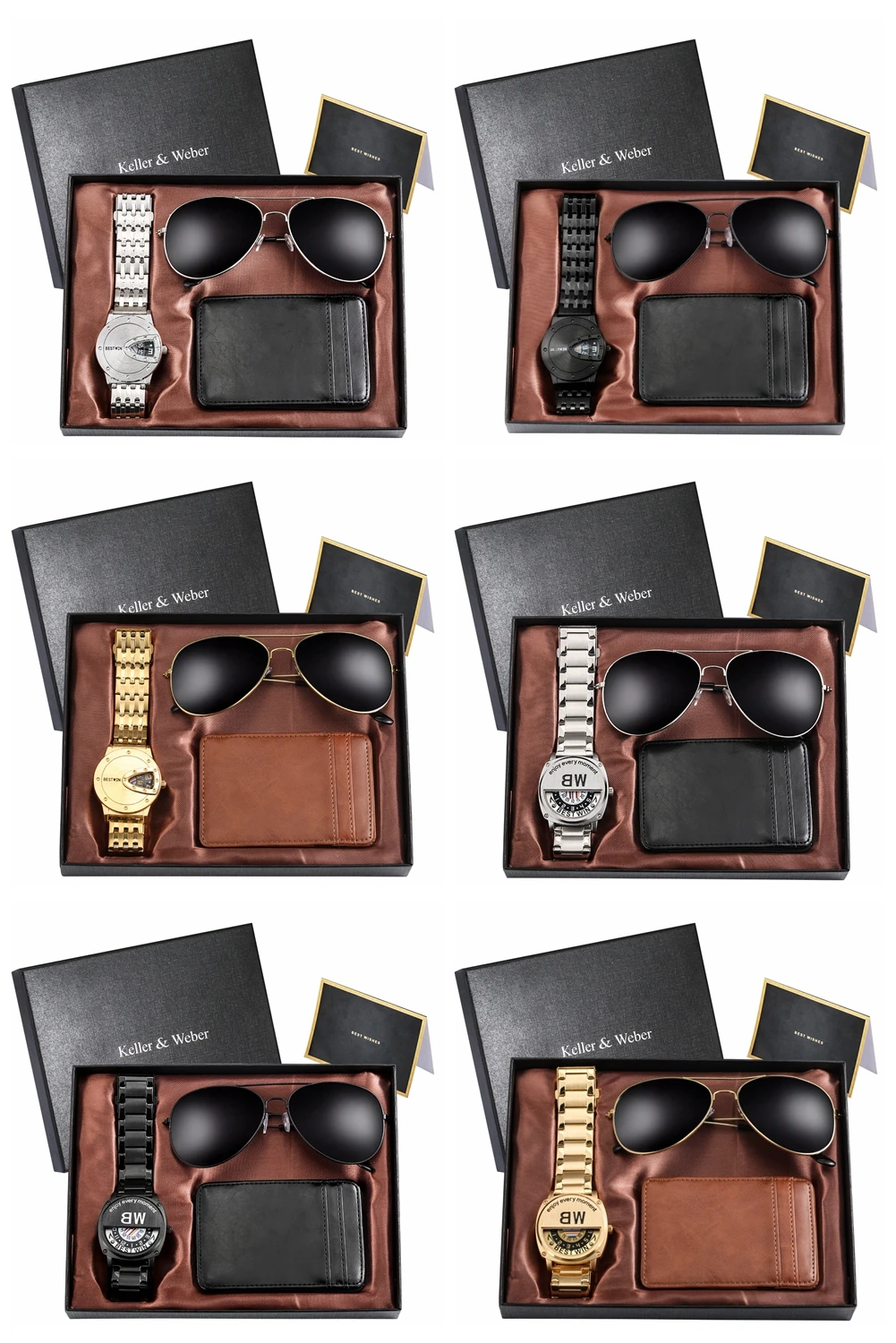 

Gold Watch for Men Quartz Watch Business Style Coffee Card Wrapped Gold Frame Watch Card Wrapped Sunglasses 3-Piece Gift Set
