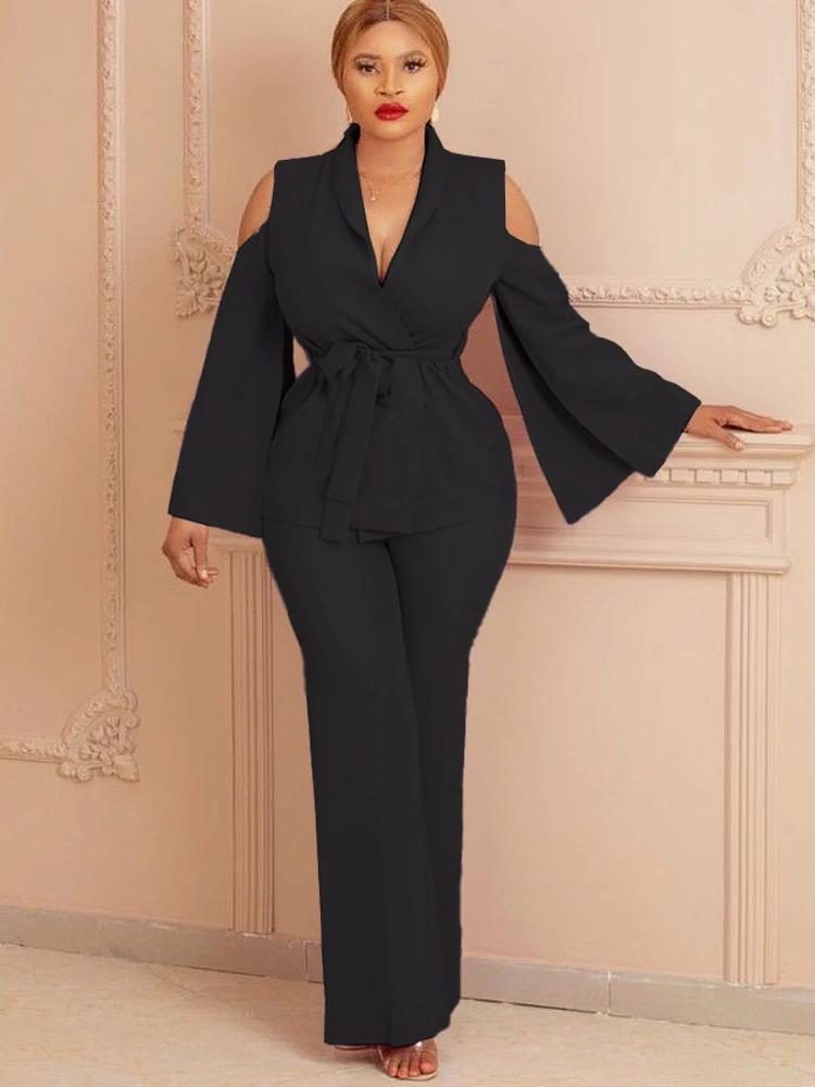 

Women 2 Pieces Set Blazer Cold Shoulder Cloak Sleeve Belt Jacket Pants Suit Elegant Spring Summer Party Classy Work Wear Ladies
