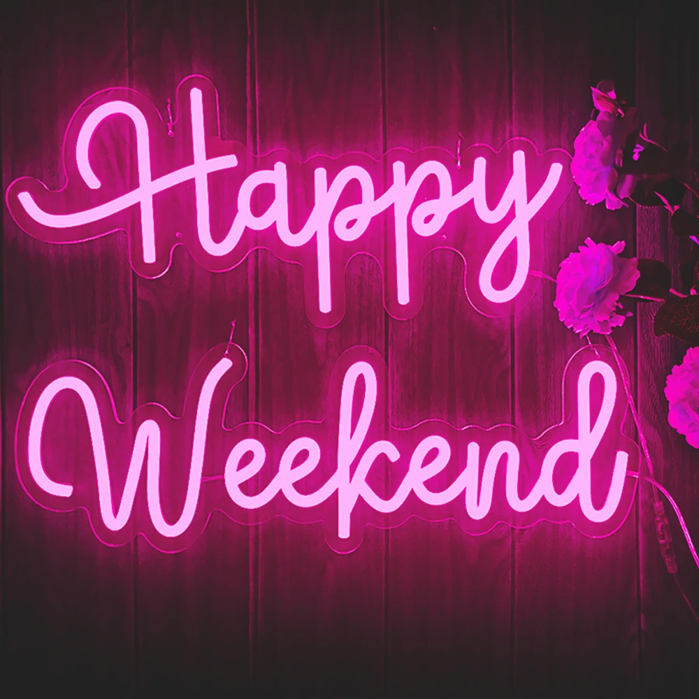 Large Happy Weekend Neon Sign for Holidays Party Wall Decor Dimmable Reusable Neon Warm Light Happy-20x8.5 in & Weekend-22x8.4in
