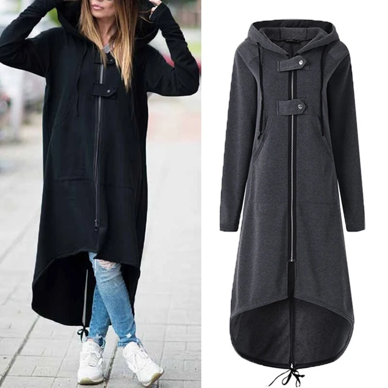 

Autumn Winter Women Trench Fashion Hooded Zipper Long Trench Fleece Women Causal Solid Irregular Pocket Long Trench