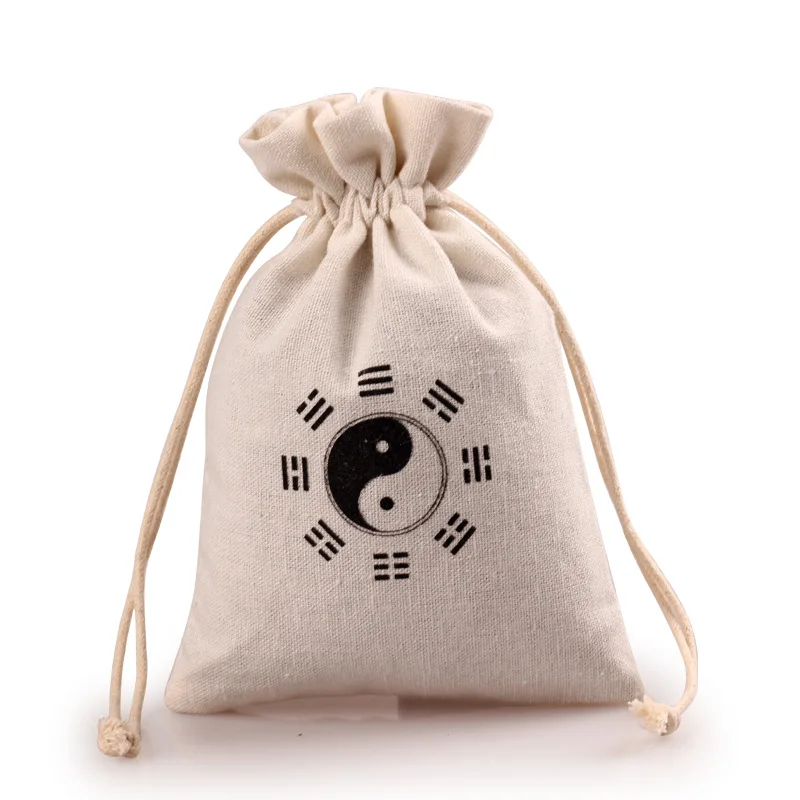 

10pcs Custom White Chinese Bagua Gift Pouches Lucky Packaging Bag Cotton Linen Drawstring Small Cloth Pouch Jewelry Storage Bags