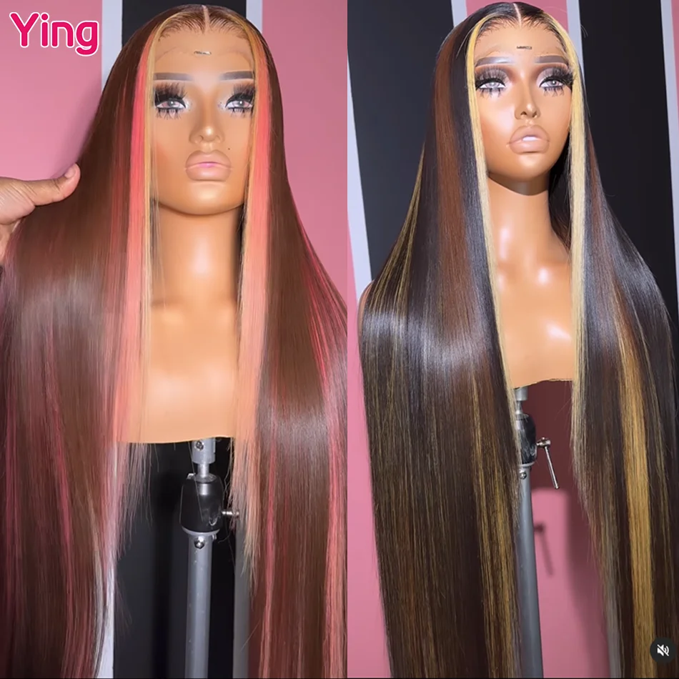 Ying Neapolitan Colored Pink Brown 13x6 Lace Frontal Wig Bone Straight Peruvian180% Remy 30 Inch 13X4 Lace Front Human Hair Wig