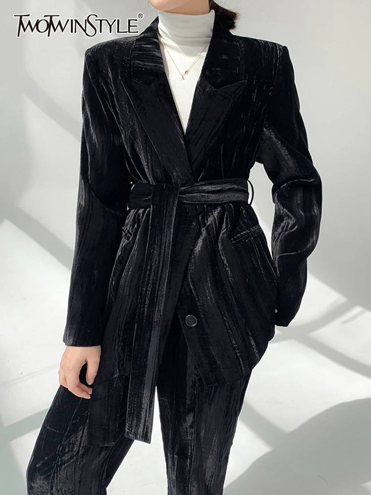 

TWOTWINSTYLE Slim Two Piece Sets Female Notched Collar Long Sleeve Patchwork Lace Up Top Loose Waist Wide Leg Trousers For Women