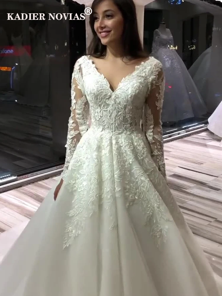 

Женское кружевное свадебное платье KADIER NOVIAS, белое ТРАПЕЦИЕВИДНОЕ ПЛАТЬЕ со шлейфом и V-образным вырезом, с длинными рукавами, 2022