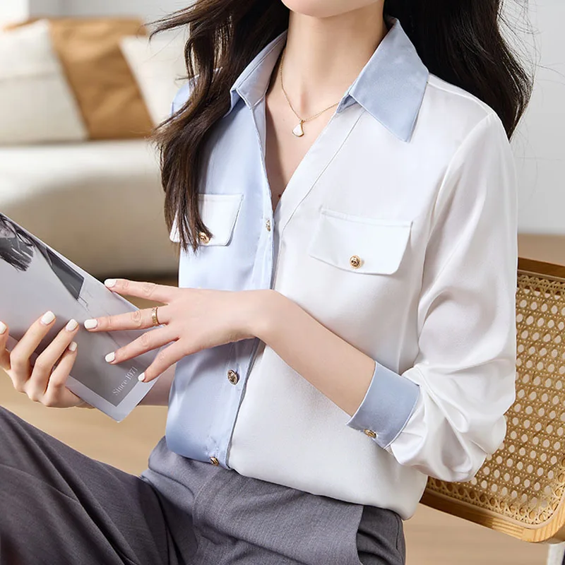 

Модная Повседневная Свободная атласная рубашка для женщин, Корейская повседневная женская блузка с длинным рукавом, элегантные шелковые офисные женские топы, одежда 29314