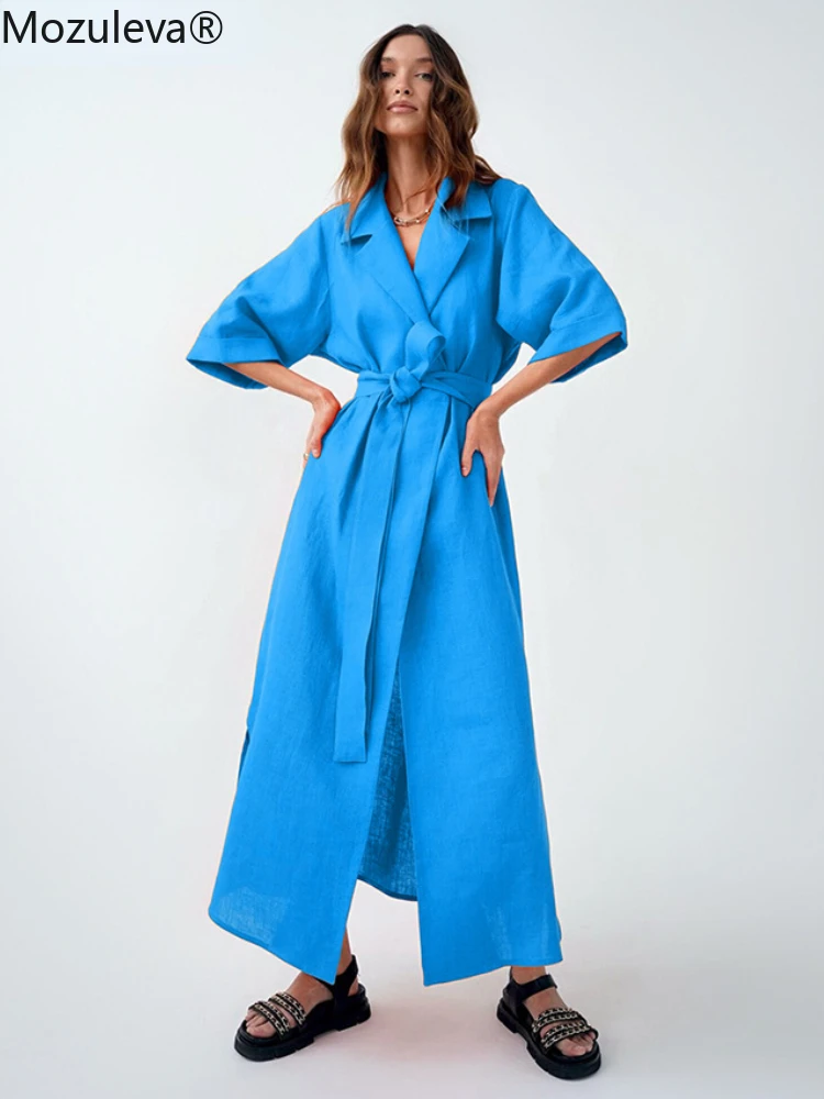 

Mozuleva Vacation Robe Dress Wrap Lace Up Split Midi Summer Dresses Women Casual Loose Short Sleeves Cotton Dress 2022 Trendy