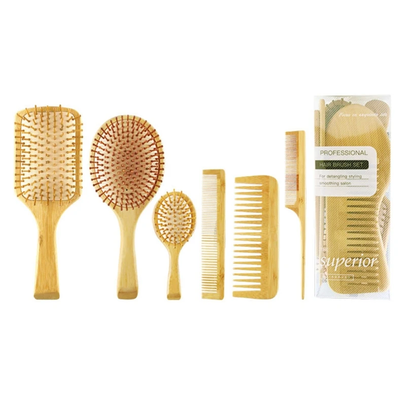 

7pcs Bamboo Anti-Static Comb Detangling Hair Brush Scalp Massage Combs Hairdressing Styling Tools for Salon Home Use P8DD