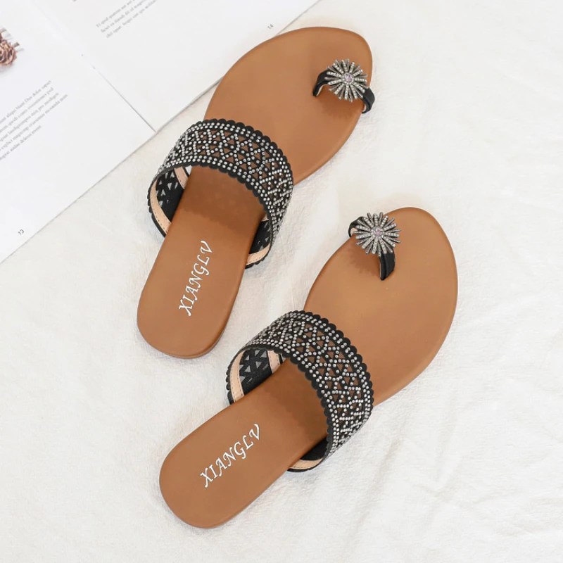 Women's Open Toe Slippers Fashion Beach Sandals Ladies Outdoor Sexy Flat Slippers Crystal Non-slip Slippers Roman Style Sandals