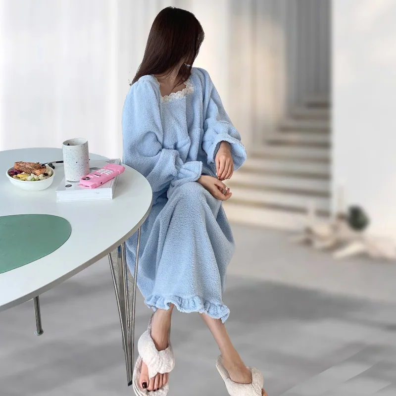 Lolita Flannel Nightgowns Winter Warm Pajamas Korea Long Gowns Coral Fleece Women Kawaii Long-sleeve Sleepwear Velvet Loungewear