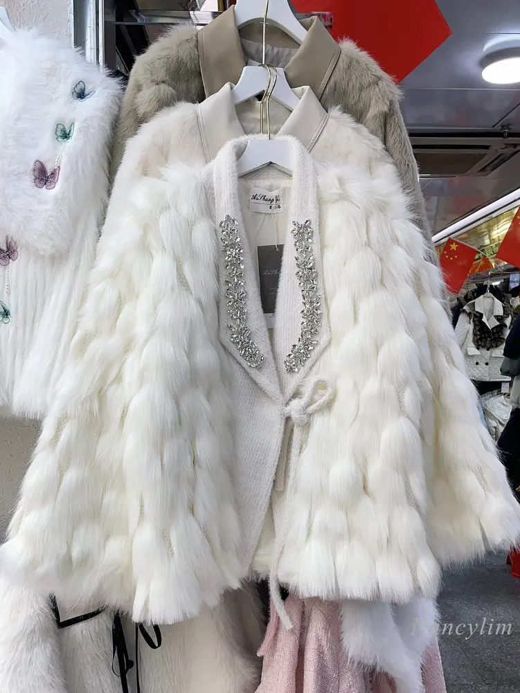 2022 Winter Heavy Rhinestone Fur Coat Women Elegant Socialite Wool Patch Imitation Fox Fur Coats Lady Fashion Plush Warm Jacket