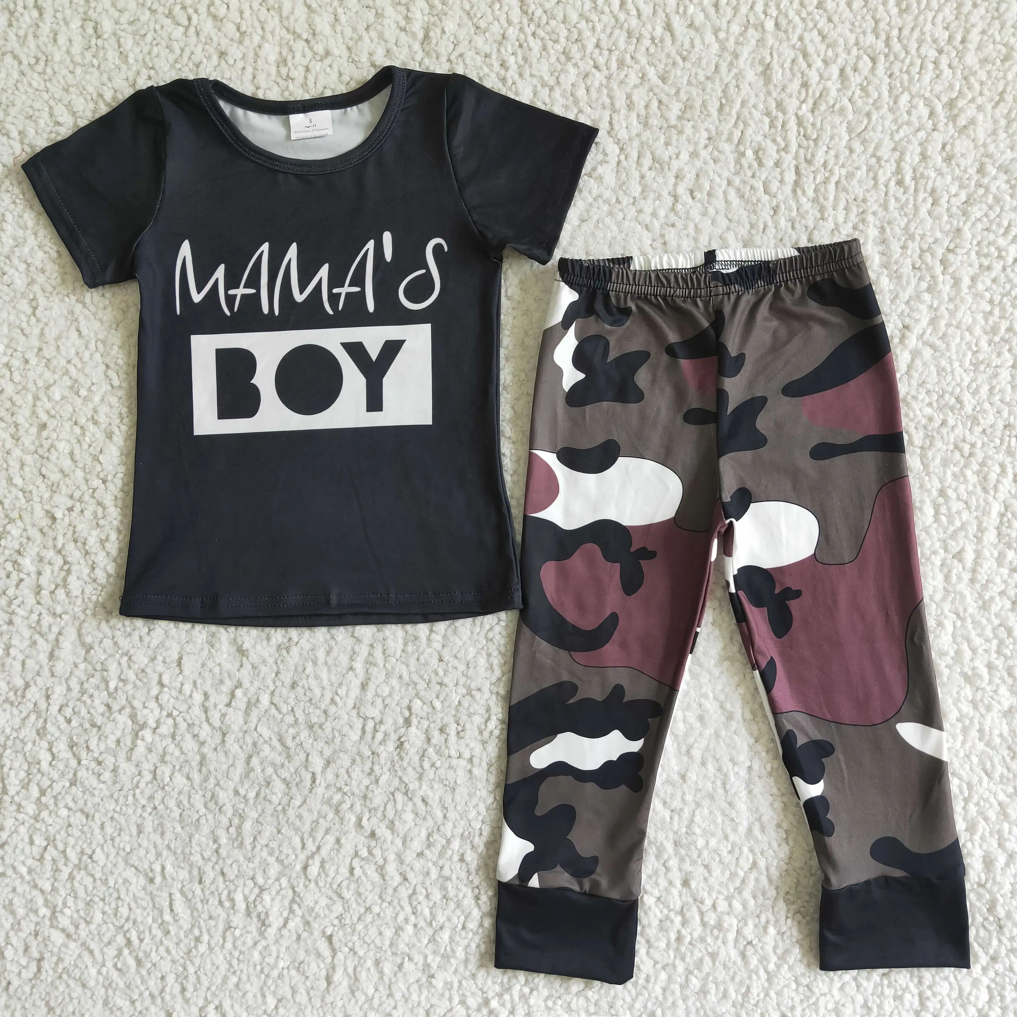 

boy black short sleeve top mtach camo long pants set mama's boy letter design outfit