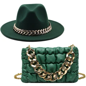 New Luxury Girl Wool Chain Fedora Hat Oversized Chain Accessory Bag Hat for Women Flat Top Hat Latest Two-piece Set Шапка