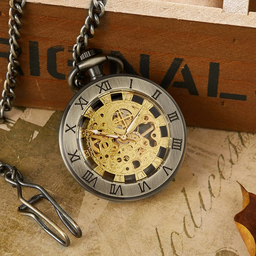 Vintage Bronze Hollow Mechanical Pocket Watch Men Roman Number Dial Retro Steampunk Hand Winding Pocket Watches Male Clock Gifts