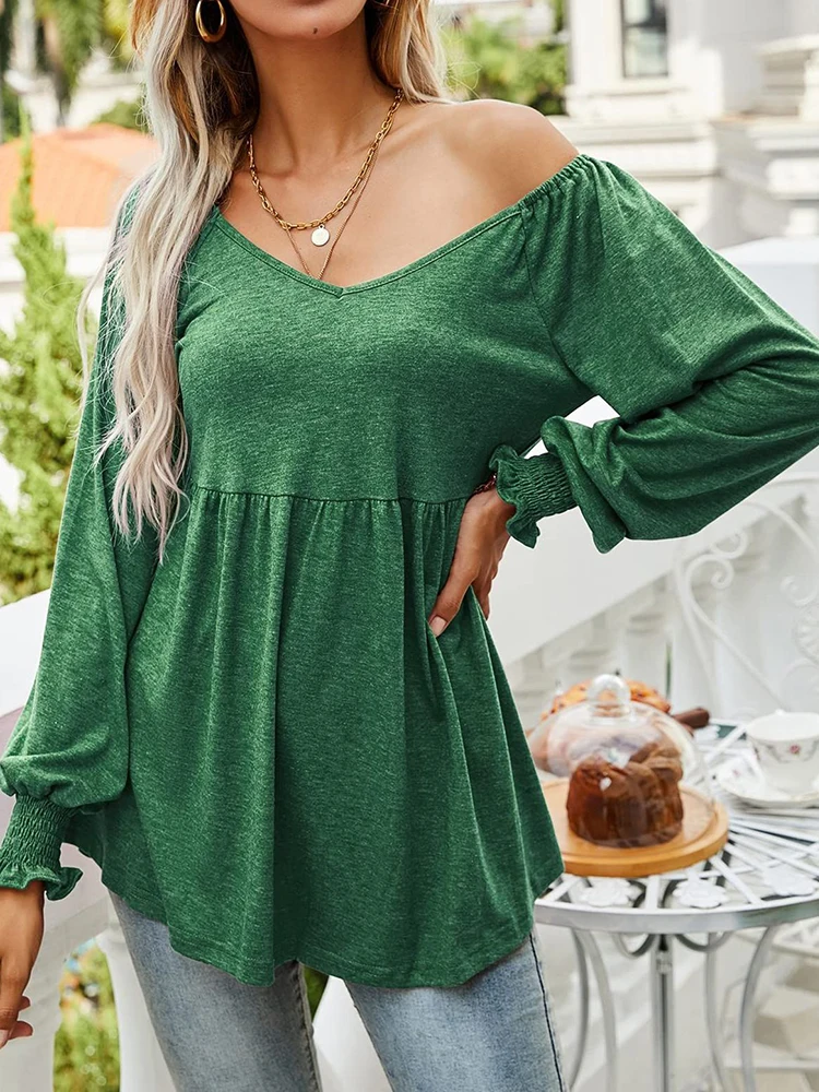 

Autumn Puff Sleeves Tops Casual Elegant Tunic Women T-shirt Loose V-neck Pleated Blouses Female Solid Extend Comfortable T-shirt