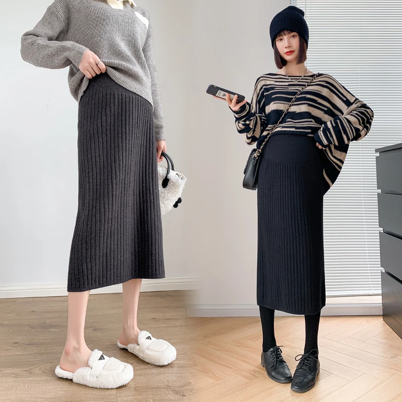 

5503# Autumn Winter Fashion Knitted Maternity Skirts Back Splits Pencil A Line Belly Bottoms For Pregnant Women Slim Pregnancy