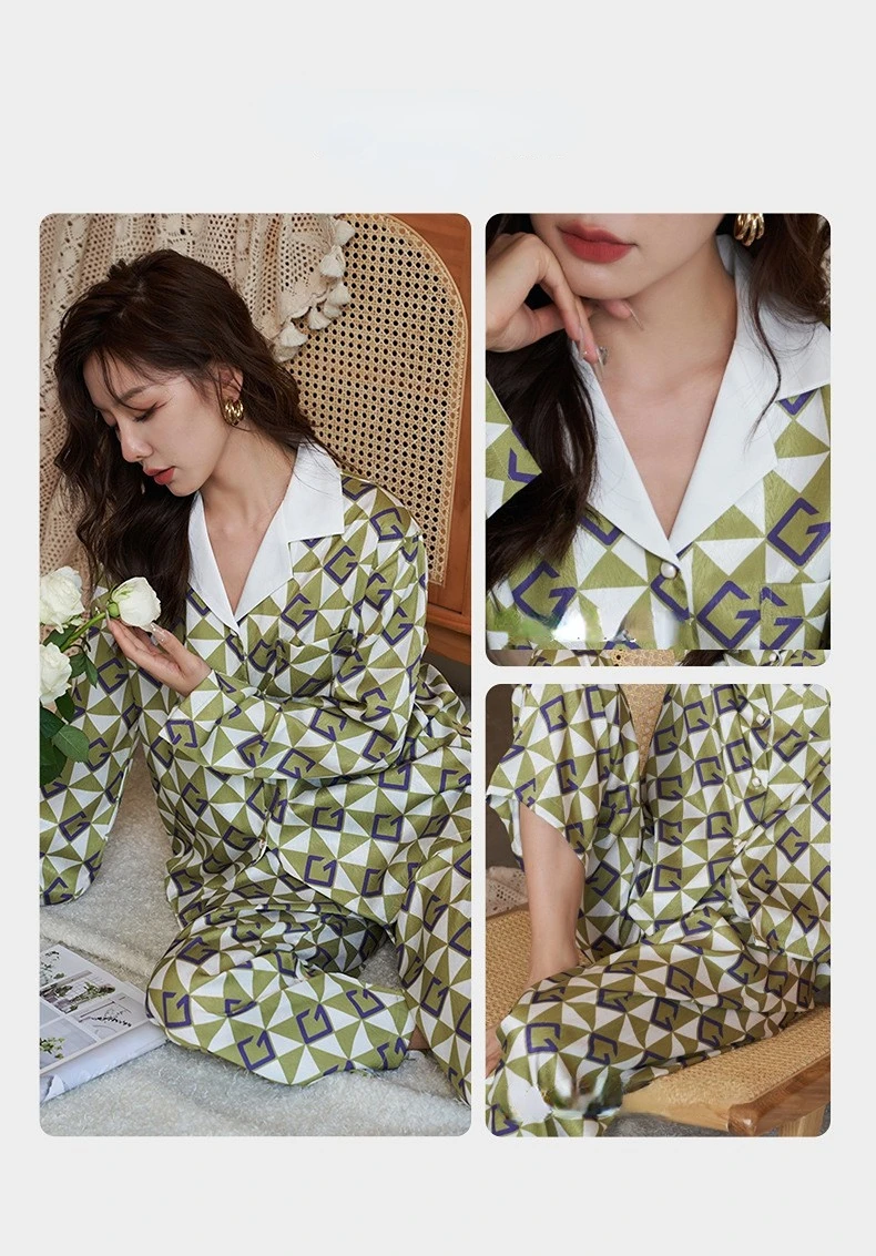 Women's 2 Piece Pajamas Sets Soft Cute Plaid Pijama Faux Silk Satin Pyjama Female Sleepwear Long Sleeve Shirt Trouser Homewear