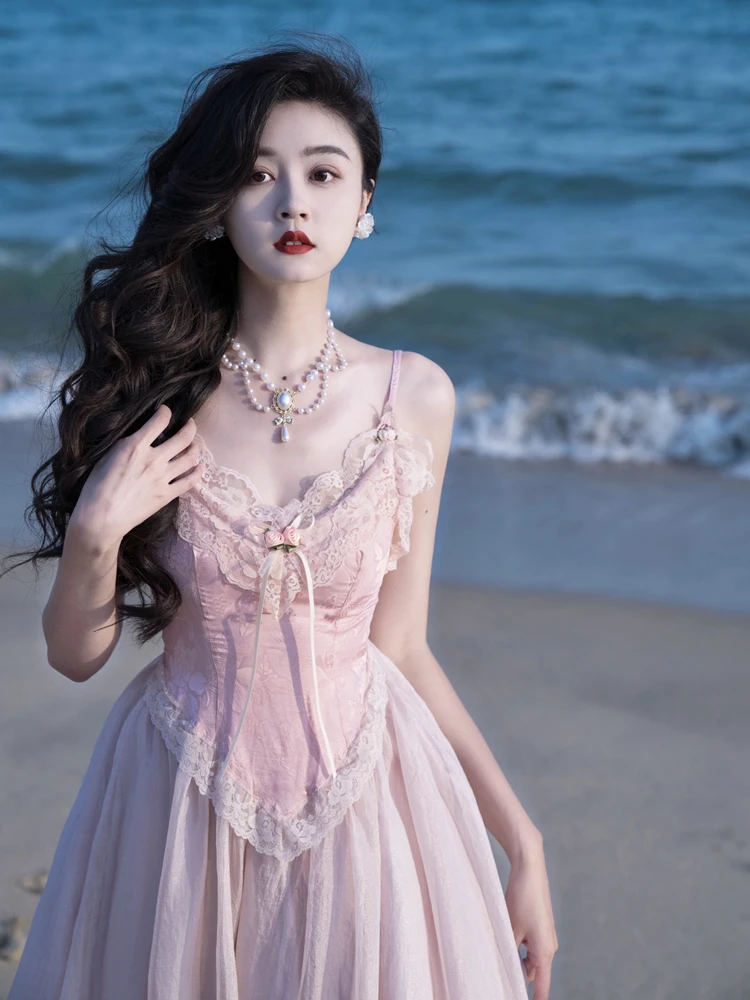 

2022 summer dress french palace style retro lolita fairy pink slip dress princess sexy long sleeveless dress