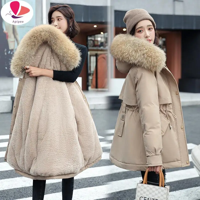 

APIPEE Mid-Length Parka Coat Women 2023 Winter New Korean Version Thickened Loose Warm Cotton Jacket Women's Cotton Coat