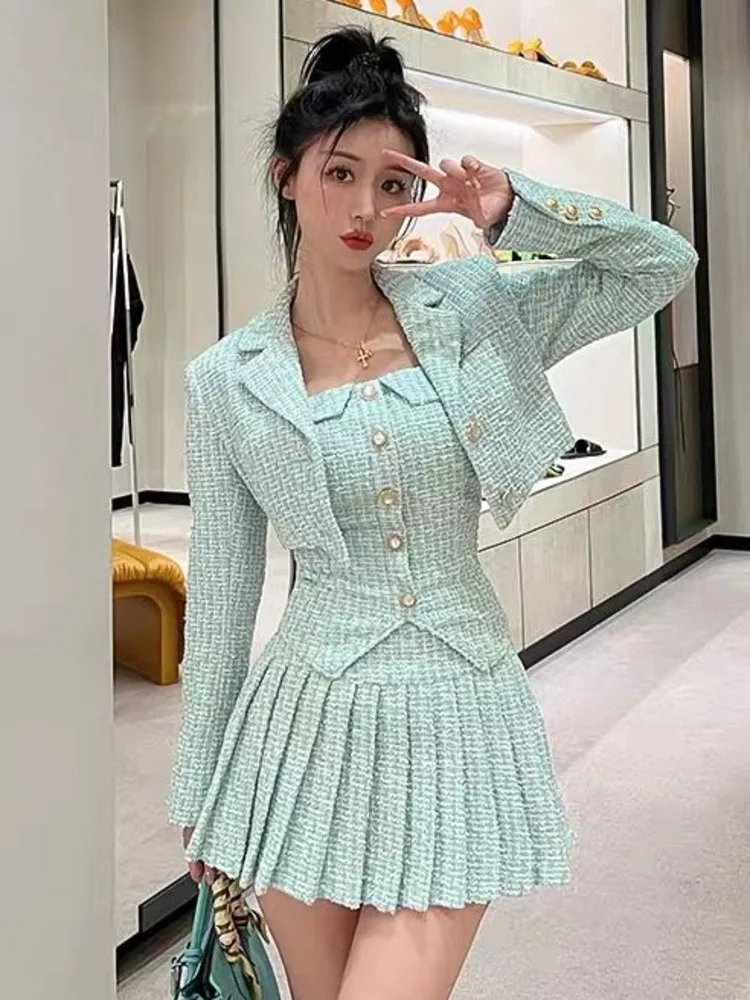 

High Quality Small Fragrance Three Piece Set Women Short Jacket Coat + Bra + Pleated Mini Skirt Sets Korean Sweet 3 Piece Suits