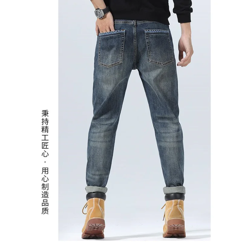 Streetwear Men 2022 Autumn New Style Vintage Pattern Self-cultivation Elastic Force Blue Pencil Pants Recreational Jeans Female