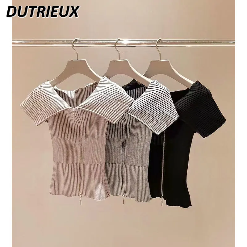 

Женская футболка с коротким рукавом, трикотажный топ в рубчик с открытыми плечами и двойной молнией, лето-осень 2023