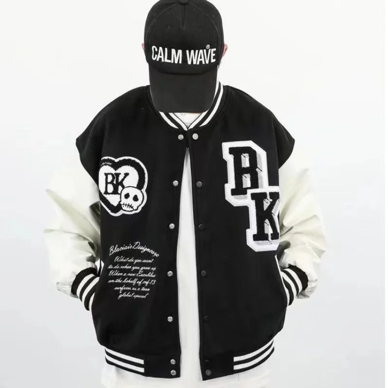 

American Street Retro Flocking Embroidered Jackets Coat Men's New Hip Hop Trend Baseball Uniform Couple Casual Loose Jacket