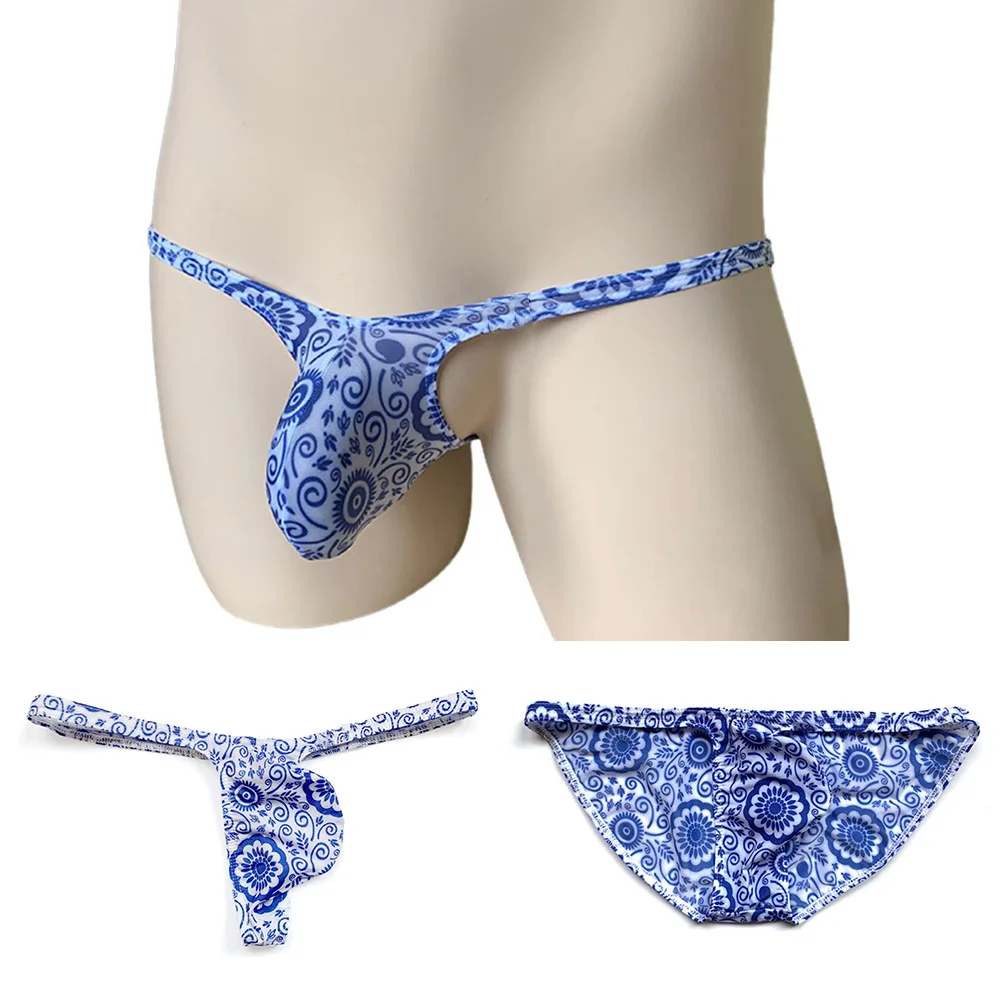 

Men Low Rise T-Back Briefs Pouch Panties Men Ice Silk Flowers Printing Thongs And G Strings Stretch Breathable Underpants