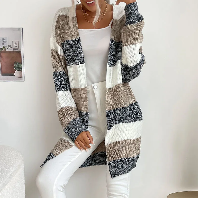 

Striped Knitted Cardigan Women Patchwork Thin Autumn Elegant Loose Patchwork Long Outerwear Maxi Y2k Sweater Coat Soft Jacket