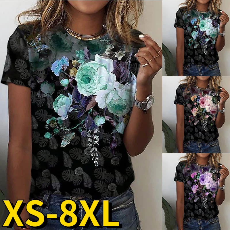 

2022 Summer Flower Short Sleeve Vintage Print Top Round Neck Oversized Tee Elegant Loose Size Clothes Fashion Casual Pullover