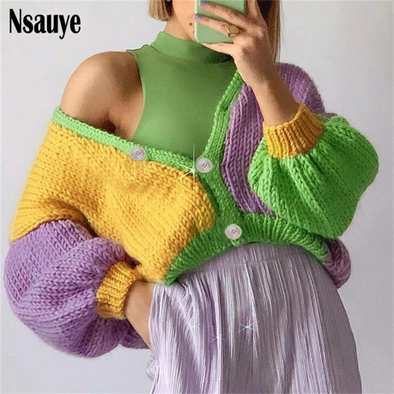 

Nsauye Winter Fashion Women Long Sleeve Jumper Cardigans Vintage Patchwork Streetwear Short Knitted Sweater Coat Top Female 2021