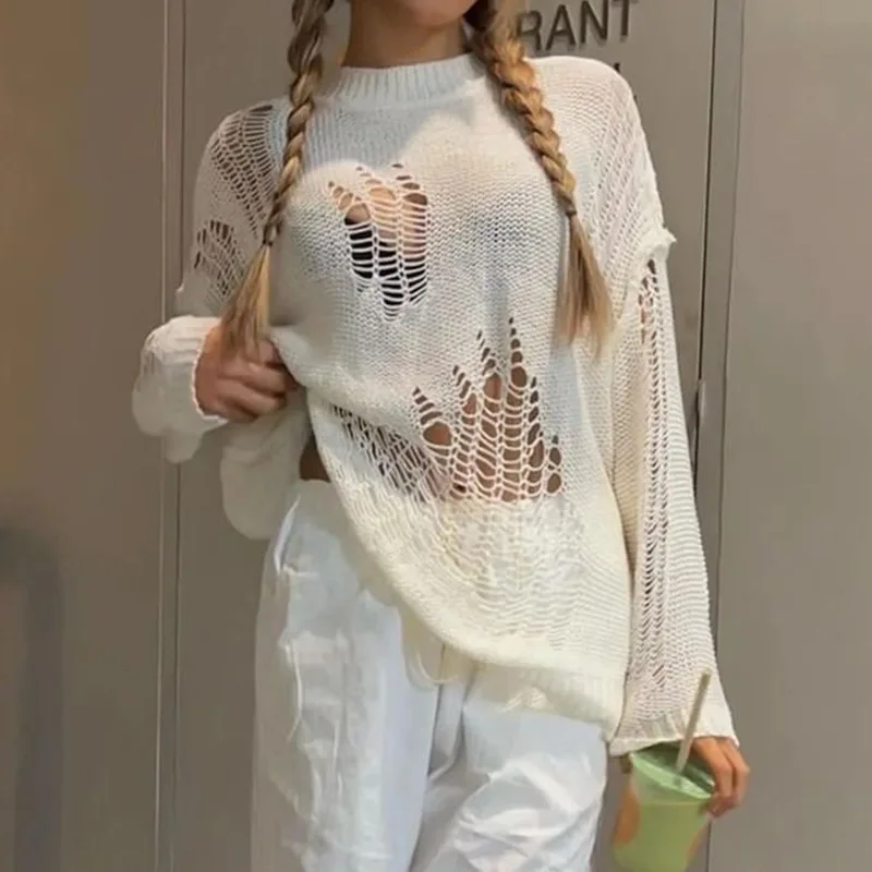 

White Loose Hollow Out Knitted Sweater Women Knitwear Smock Autumn 2022 New Long Sleeve O Neck Knit Pullover Sweaters Jumpers