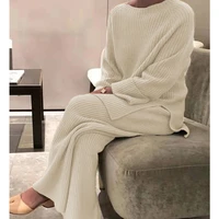 2022 casual stripe womens suit home two piece white knitting suit autumn indoor warm suit round neck long sleeve home set