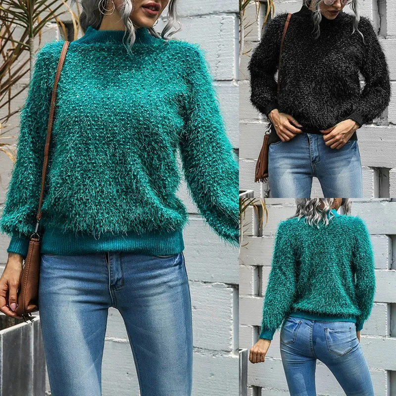 

Женский свитер с бахромой, однотонный вязаный Повседневный свободный женский свитер с круглым вырезом и рукавами-фонариками на осень и зим...