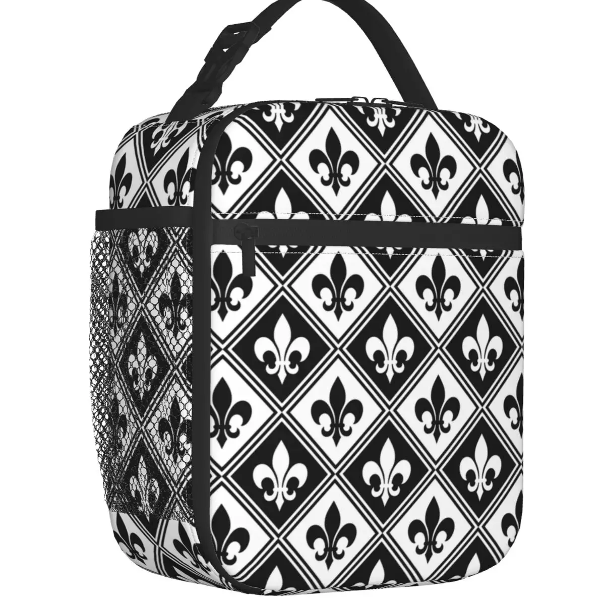 Black Fleur De Lis Lily Flower Diamond Pattern Insulated Lunch Bags for Work School Thermal Cooler Bento Box Women Children