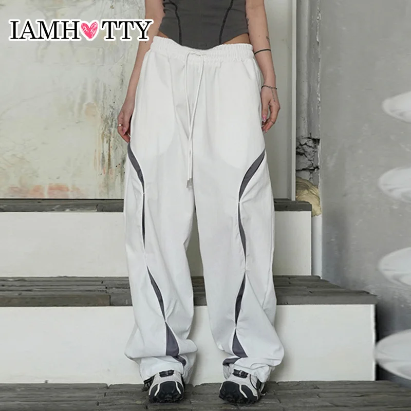 

IAMHOTTY Contrast Color Breasted Cargo Pants Elastic Waist Baggy Oversized Sweatpants Casual Vintage Grunge Trousers y2k Pants