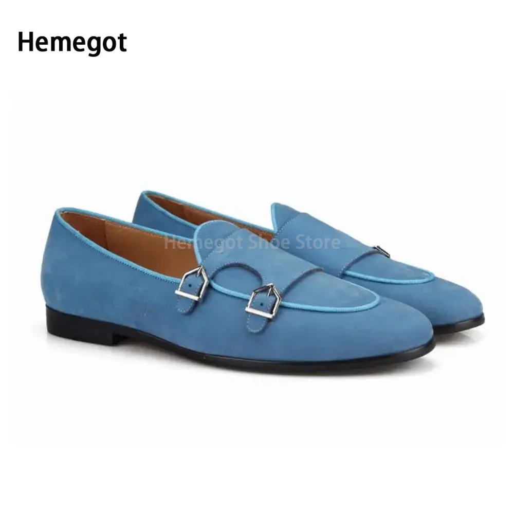 Синие замшевые лоферы с двойной пряжкой декоративные Мокасины повседневная