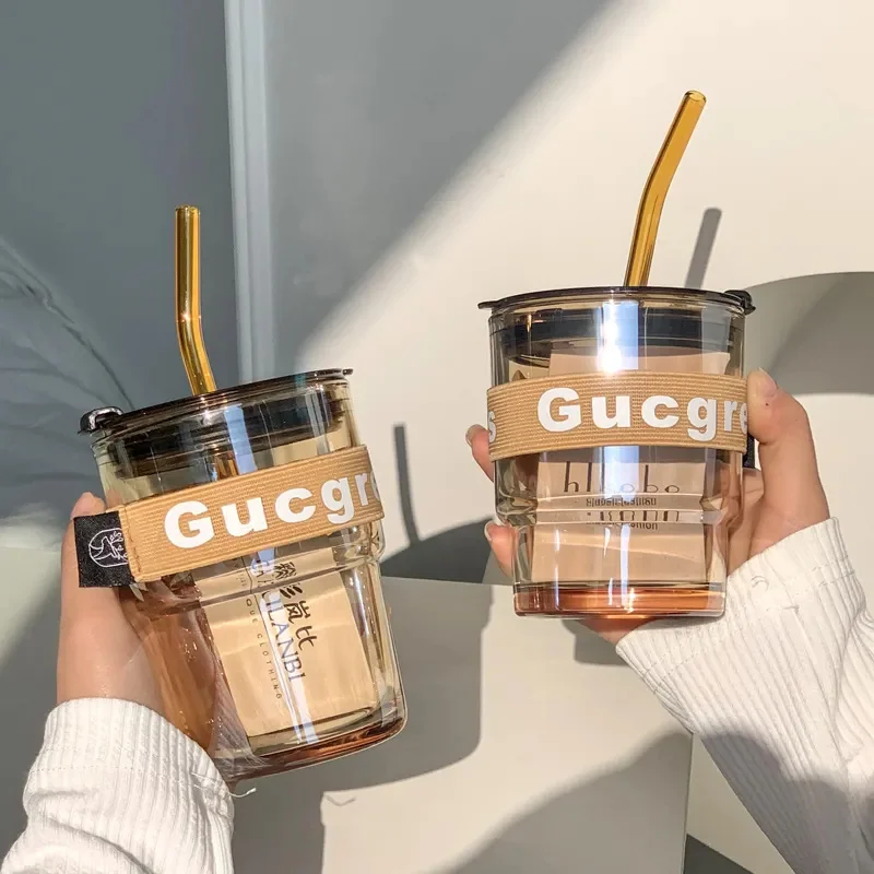 

420ml/450ml Creative Fashion Elastic Cover Glass Mug With Lid Heat-Resistant Water Bottle Cup Drinkware Couple Straw Coffee Cup