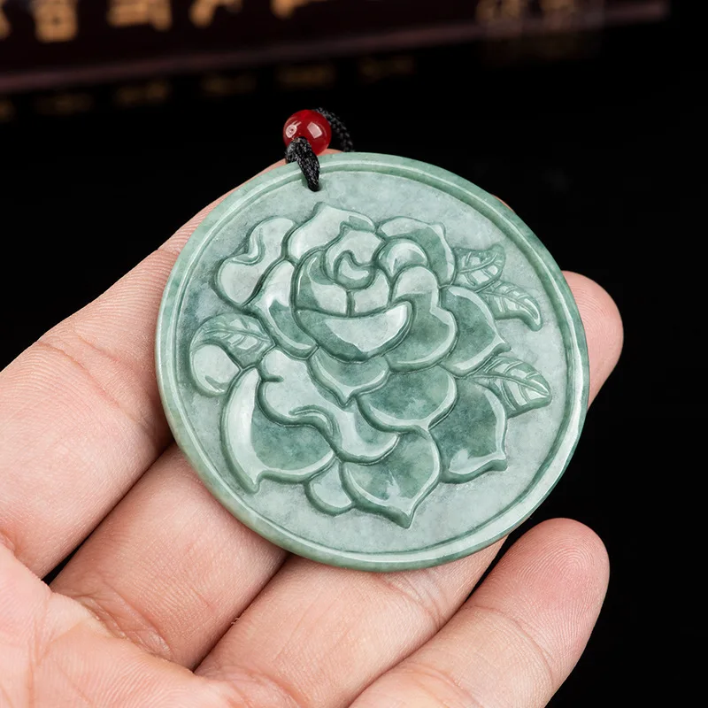

Burmese Jade Flower Pendant Necklaces Amulet Emerald Charms Jadeite Carved Natural Green Jewelry Real Designer Necklace