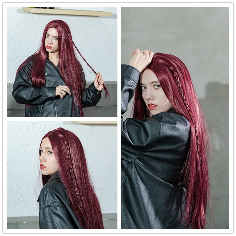 180%Density 26Inch Wine Red Long Silky Straight Glueless Middle Part Mechanism With Baby Hair For Black Women Daily Wigs
