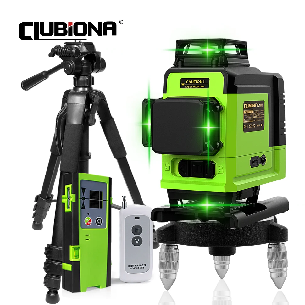 CLUBIONA IE16R 16 Lines 4D Green Beam Laser Level Remote Control German Module With 1.5m Telescopic Tripod & Li-ion Battery
