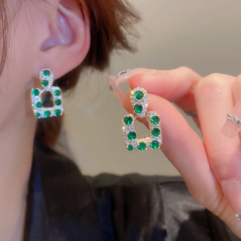

Korean Green Square Crystal Drop Earrings for Women Trendy Zirconia Geometric Dangle Earring Pendientes Statement Jewelry