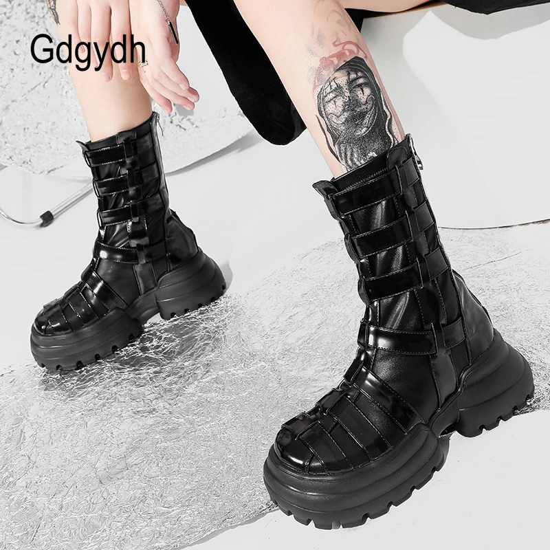 

Gdgydh Womens Chunky Combat Boots Belt Strap Punk Rock Patent Leather Platform Mid Calf Boots Vegan Rubber Sole Back Zipper