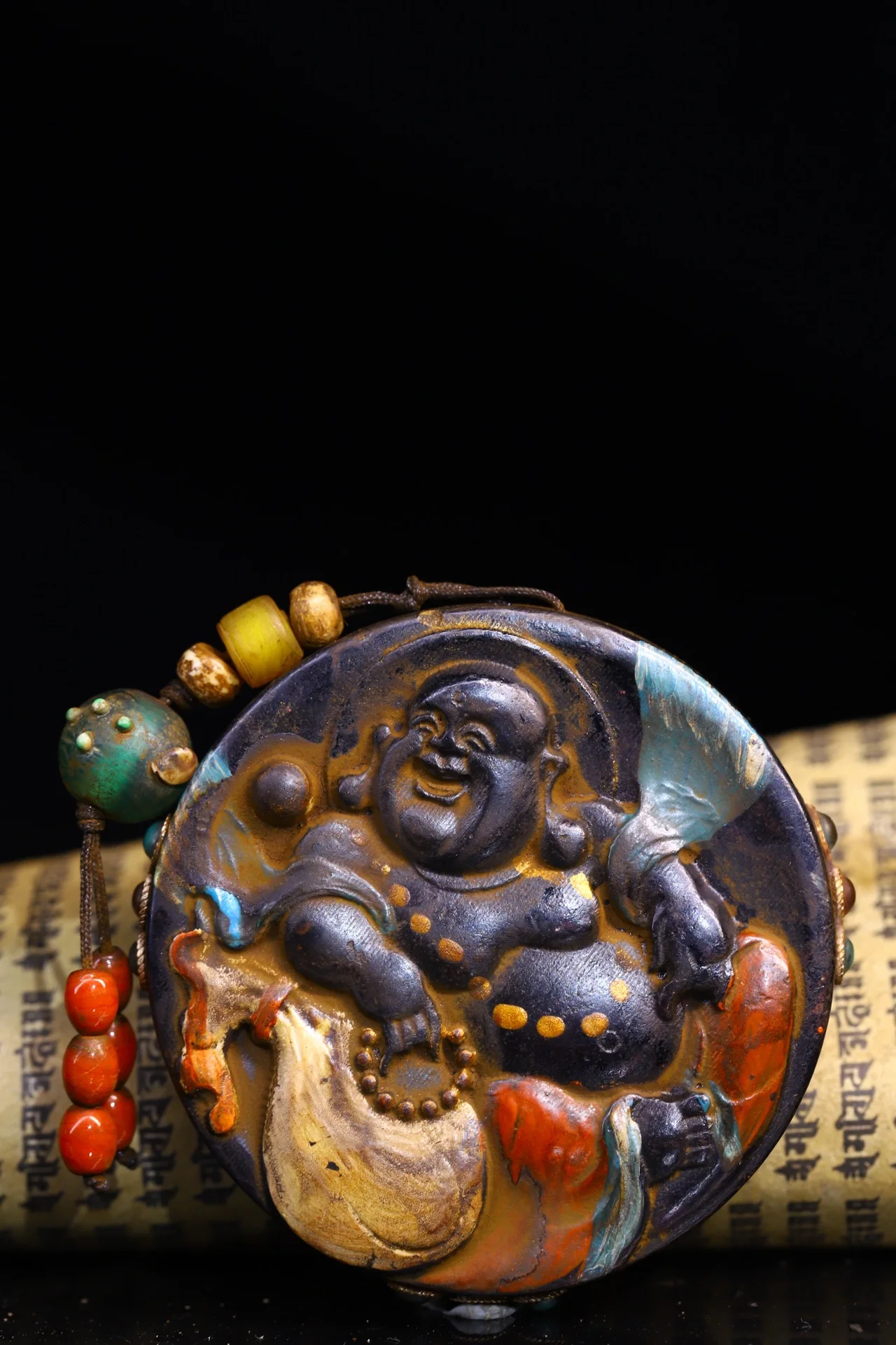 

3"Tibet Temple Collection Old Natural Meteorite Mosaic Gem gZi Beads Shell Maitreya Buddha Money bag Amulet Dharma Pendant