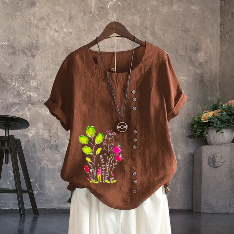 

T Shirt Women's Clothing Lady's Round Neck Printed Loose Linen Short Sleeve Flower Floral Pattern Pullover Top for Summer