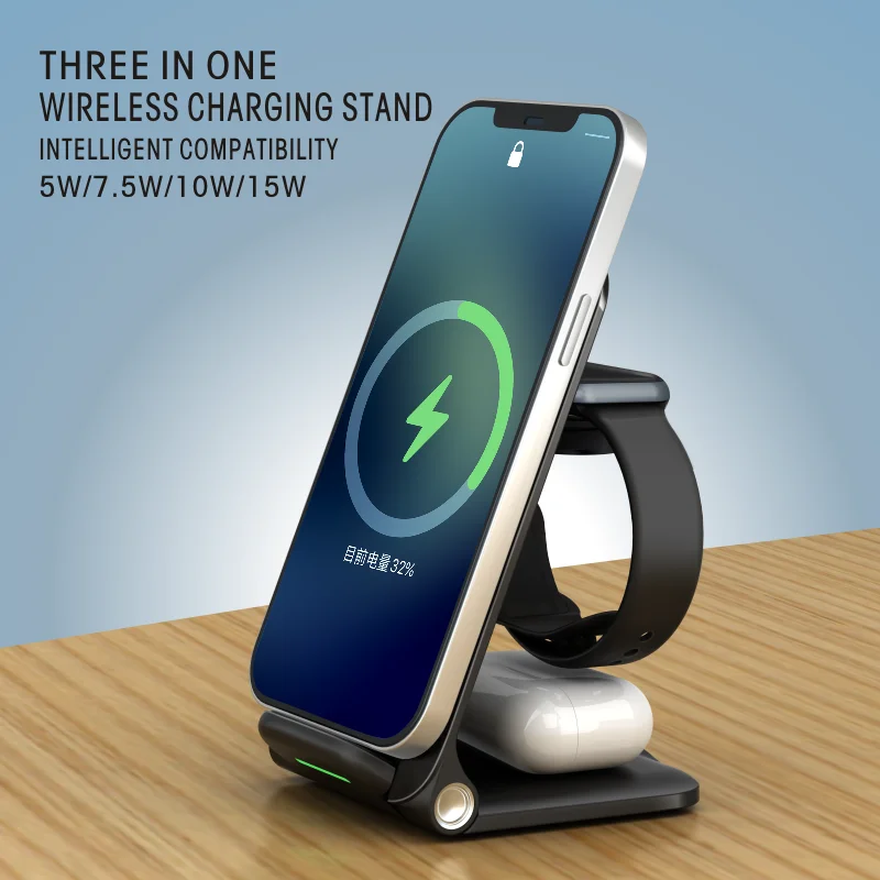 

3-in-1 Folding Portable Wireless Charger Dock for iphone Watch Headset Inductive 15W Fast Charging Station