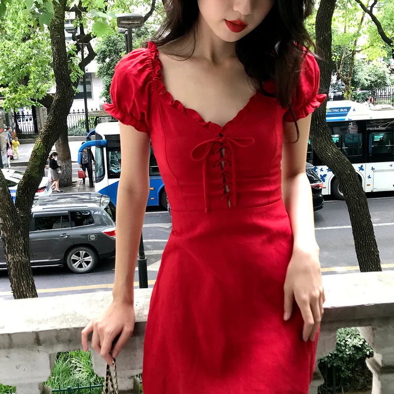 

Summer Mini Dresses For Woman 2022 Red A-Line Puff Sleeve Bodycon Dresses Kawaii Vintage Birthday Evening Dresses Holiday Beach