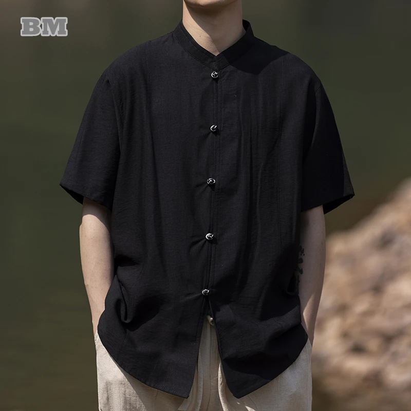 

Рубашка мужская в китайском стиле, свободная винтажная блуза с коротким рукавом, воротником-стойкой, в этническом стиле, одежда для кунг-фу, Тай Чи, лето