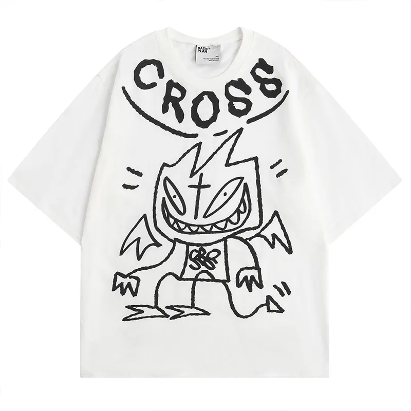 

Techwear Letter Little Devil Graffiti Print Casual T-Shirts Men Summer Loose Tops Tees Streetwear Hip Hop Couple Cotton TShirts